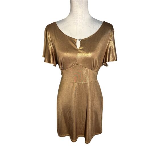 Unbranded Dresses & Skirts - Gold shimmering metallic baby doll gemstone, keyhole flutter stretchy mini